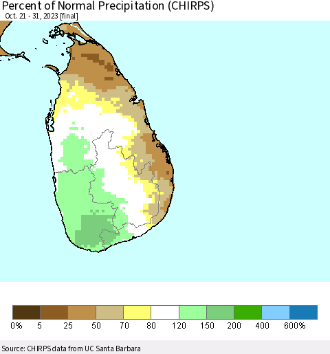 Sri Lanka Percent of Normal Precipitation (CHIRPS) Thematic Map For 10/21/2023 - 10/31/2023