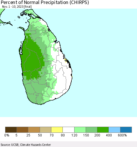 Sri Lanka Percent of Normal Precipitation (CHIRPS) Thematic Map For 11/1/2023 - 11/10/2023