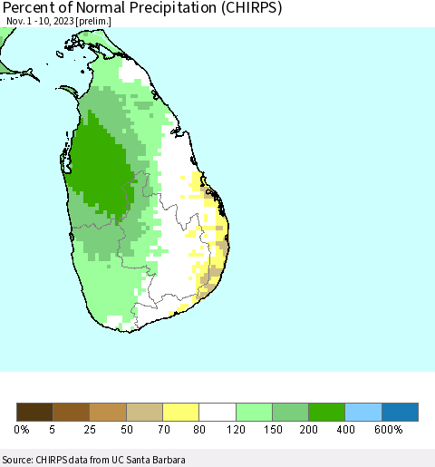 Sri Lanka Percent of Normal Precipitation (CHIRPS) Thematic Map For 11/1/2023 - 11/10/2023