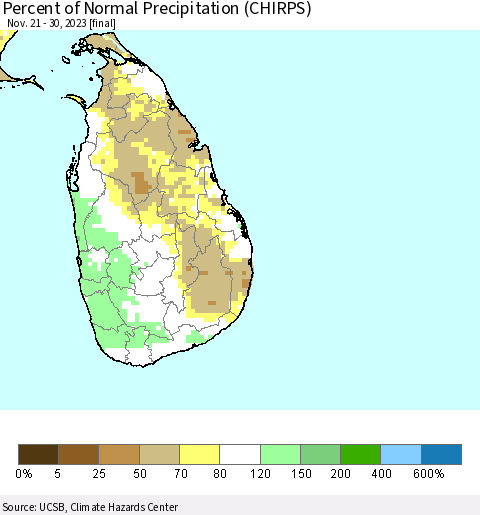 Sri Lanka Percent of Normal Precipitation (CHIRPS) Thematic Map For 11/21/2023 - 11/30/2023