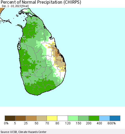 Sri Lanka Percent of Normal Precipitation (CHIRPS) Thematic Map For 12/1/2023 - 12/10/2023