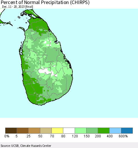 Sri Lanka Percent of Normal Precipitation (CHIRPS) Thematic Map For 12/11/2023 - 12/20/2023