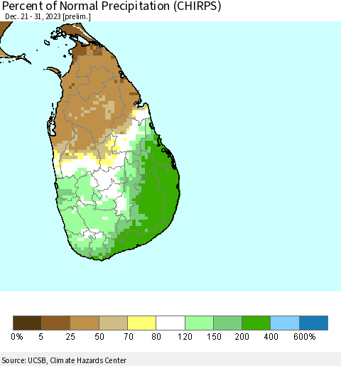Sri Lanka Percent of Normal Precipitation (CHIRPS) Thematic Map For 12/21/2023 - 12/31/2023