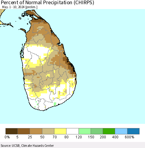 Sri Lanka Percent of Normal Precipitation (CHIRPS) Thematic Map For 5/1/2024 - 5/10/2024