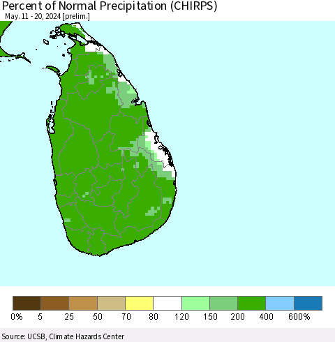 Sri Lanka Percent of Normal Precipitation (CHIRPS) Thematic Map For 5/11/2024 - 5/20/2024