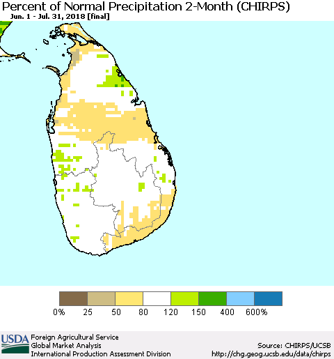 Sri Lanka Percent of Normal Precipitation 2-Month (CHIRPS) Thematic Map For 6/1/2018 - 7/31/2018