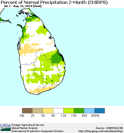 Sri Lanka Percent of Normal Precipitation 2-Month (CHIRPS) Thematic Map For 7/1/2018 - 8/31/2018
