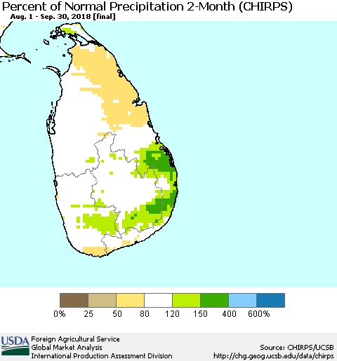 Sri Lanka Percent of Normal Precipitation 2-Month (CHIRPS) Thematic Map For 8/1/2018 - 9/30/2018