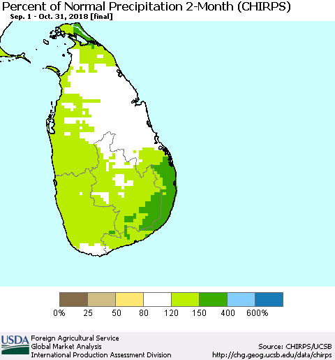 Sri Lanka Percent of Normal Precipitation 2-Month (CHIRPS) Thematic Map For 9/1/2018 - 10/31/2018