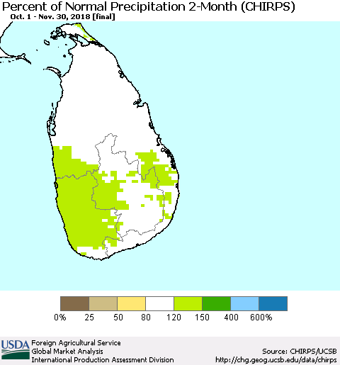 Sri Lanka Percent of Normal Precipitation 2-Month (CHIRPS) Thematic Map For 10/1/2018 - 11/30/2018