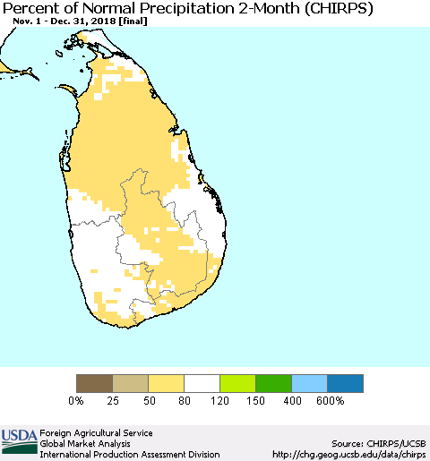 Sri Lanka Percent of Normal Precipitation 2-Month (CHIRPS) Thematic Map For 11/1/2018 - 12/31/2018