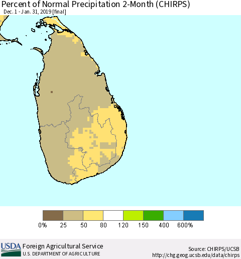 Sri Lanka Percent of Normal Precipitation 2-Month (CHIRPS) Thematic Map For 12/1/2018 - 1/31/2019