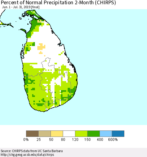 Sri Lanka Percent of Normal Precipitation 2-Month (CHIRPS) Thematic Map For 6/1/2019 - 7/31/2019