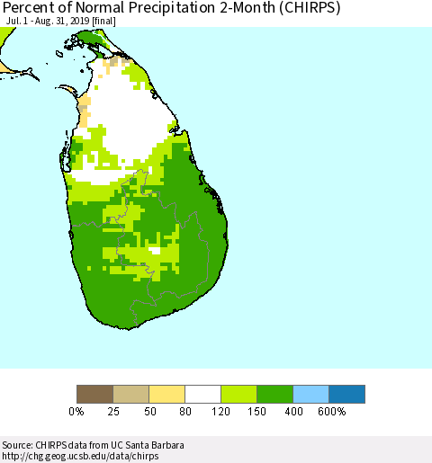 Sri Lanka Percent of Normal Precipitation 2-Month (CHIRPS) Thematic Map For 7/1/2019 - 8/31/2019