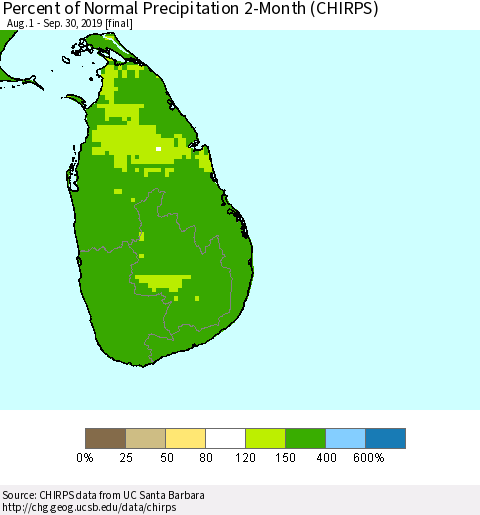 Sri Lanka Percent of Normal Precipitation 2-Month (CHIRPS) Thematic Map For 8/1/2019 - 9/30/2019