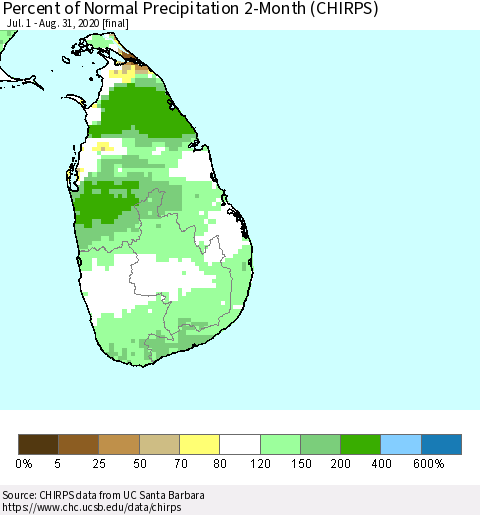 Sri Lanka Percent of Normal Precipitation 2-Month (CHIRPS) Thematic Map For 7/1/2020 - 8/31/2020