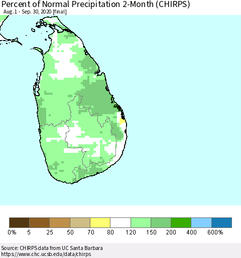 Sri Lanka Percent of Normal Precipitation 2-Month (CHIRPS) Thematic Map For 8/1/2020 - 9/30/2020