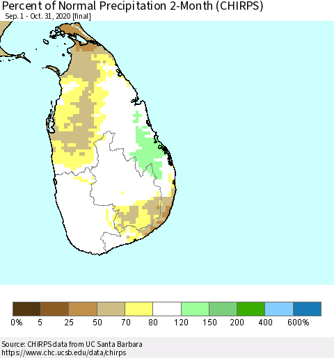 Sri Lanka Percent of Normal Precipitation 2-Month (CHIRPS) Thematic Map For 9/1/2020 - 10/31/2020