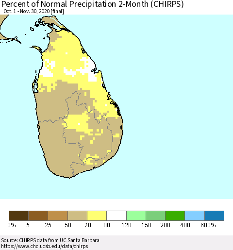 Sri Lanka Percent of Normal Precipitation 2-Month (CHIRPS) Thematic Map For 10/1/2020 - 11/30/2020