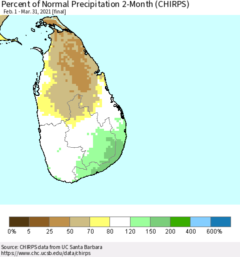 Sri Lanka Percent of Normal Precipitation 2-Month (CHIRPS) Thematic Map For 2/1/2021 - 3/31/2021
