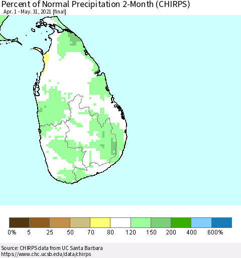 Sri Lanka Percent of Normal Precipitation 2-Month (CHIRPS) Thematic Map For 4/1/2021 - 5/31/2021
