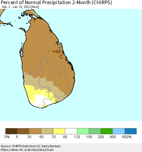 Sri Lanka Percent of Normal Precipitation 2-Month (CHIRPS) Thematic Map For 12/1/2021 - 1/31/2022