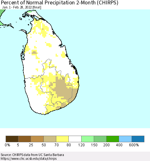 Sri Lanka Percent of Normal Precipitation 2-Month (CHIRPS) Thematic Map For 1/1/2022 - 2/28/2022