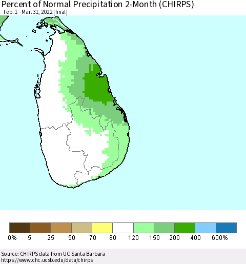 Sri Lanka Percent of Normal Precipitation 2-Month (CHIRPS) Thematic Map For 2/1/2022 - 3/31/2022