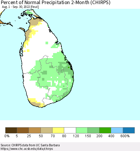 Sri Lanka Percent of Normal Precipitation 2-Month (CHIRPS) Thematic Map For 8/1/2022 - 9/30/2022