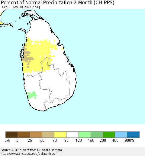 Sri Lanka Percent of Normal Precipitation 2-Month (CHIRPS) Thematic Map For 10/1/2022 - 11/30/2022