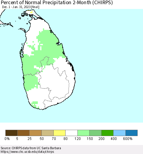 Sri Lanka Percent of Normal Precipitation 2-Month (CHIRPS) Thematic Map For 12/1/2022 - 1/31/2023