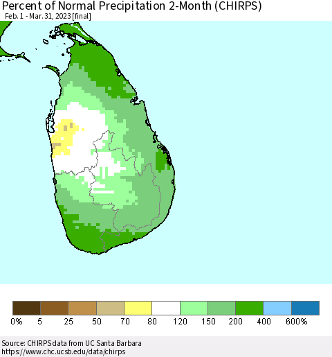 Sri Lanka Percent of Normal Precipitation 2-Month (CHIRPS) Thematic Map For 2/1/2023 - 3/31/2023