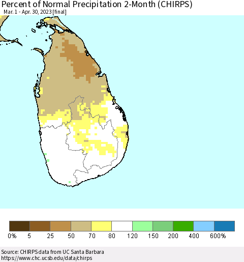Sri Lanka Percent of Normal Precipitation 2-Month (CHIRPS) Thematic Map For 3/1/2023 - 4/30/2023