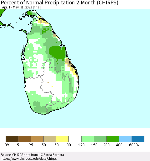 Sri Lanka Percent of Normal Precipitation 2-Month (CHIRPS) Thematic Map For 4/1/2023 - 5/31/2023