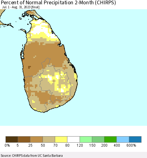 Sri Lanka Percent of Normal Precipitation 2-Month (CHIRPS) Thematic Map For 7/1/2023 - 8/31/2023