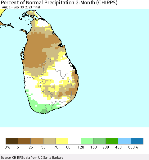 Sri Lanka Percent of Normal Precipitation 2-Month (CHIRPS) Thematic Map For 8/1/2023 - 9/30/2023