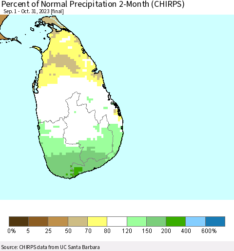 Sri Lanka Percent of Normal Precipitation 2-Month (CHIRPS) Thematic Map For 9/1/2023 - 10/31/2023