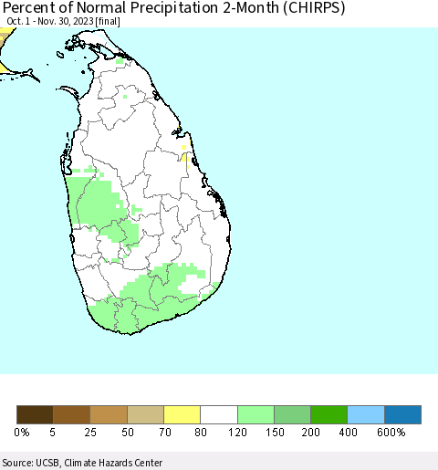 Sri Lanka Percent of Normal Precipitation 2-Month (CHIRPS) Thematic Map For 10/1/2023 - 11/30/2023