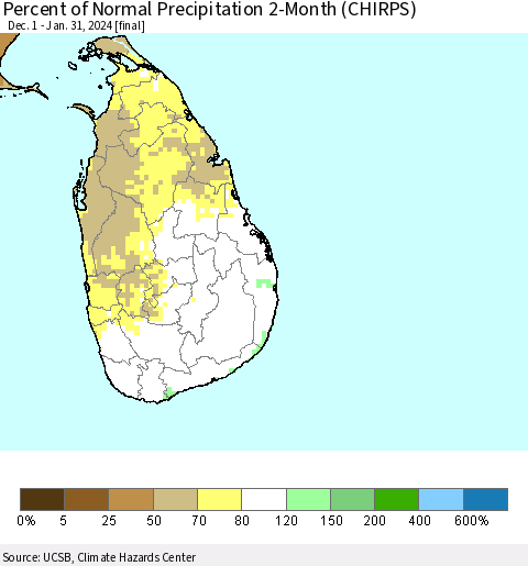 Sri Lanka Percent of Normal Precipitation 2-Month (CHIRPS) Thematic Map For 12/1/2023 - 1/31/2024