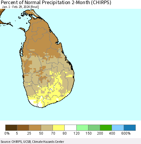Sri Lanka Percent of Normal Precipitation 2-Month (CHIRPS) Thematic Map For 1/1/2024 - 2/29/2024