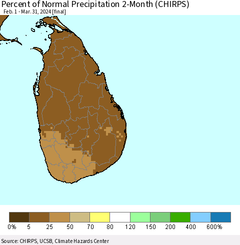 Sri Lanka Percent of Normal Precipitation 2-Month (CHIRPS) Thematic Map For 2/1/2024 - 3/31/2024