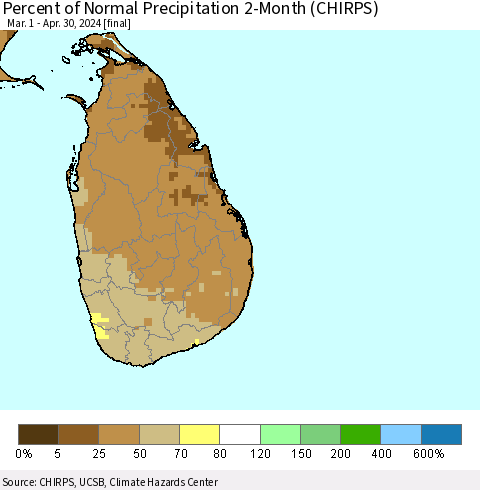 Sri Lanka Percent of Normal Precipitation 2-Month (CHIRPS) Thematic Map For 3/1/2024 - 4/30/2024
