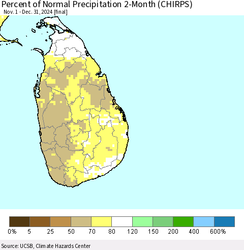 Sri Lanka Percent of Normal Precipitation 2-Month (CHIRPS) Thematic Map For 11/1/2024 - 12/31/2024