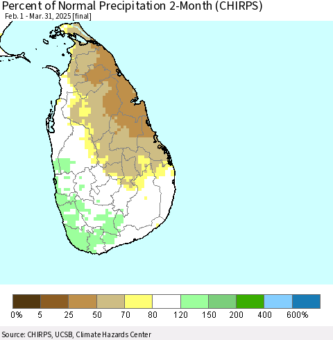 Sri Lanka Percent of Normal Precipitation 2-Month (CHIRPS) Thematic Map For 2/1/2025 - 3/31/2025