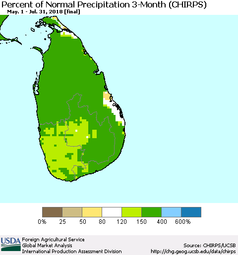 Sri Lanka Percent of Normal Precipitation 3-Month (CHIRPS) Thematic Map For 5/1/2018 - 7/31/2018