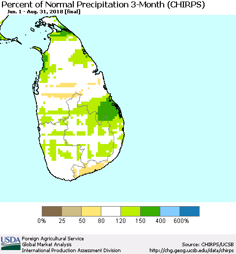 Sri Lanka Percent of Normal Precipitation 3-Month (CHIRPS) Thematic Map For 6/1/2018 - 8/31/2018