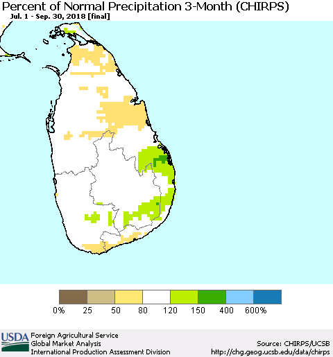 Sri Lanka Percent of Normal Precipitation 3-Month (CHIRPS) Thematic Map For 7/1/2018 - 9/30/2018