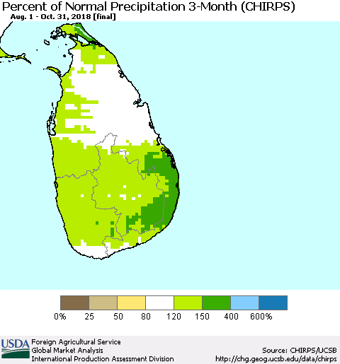 Sri Lanka Percent of Normal Precipitation 3-Month (CHIRPS) Thematic Map For 8/1/2018 - 10/31/2018
