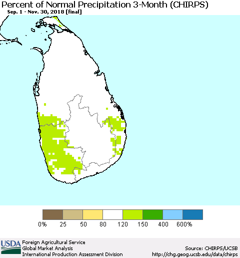 Sri Lanka Percent of Normal Precipitation 3-Month (CHIRPS) Thematic Map For 9/1/2018 - 11/30/2018
