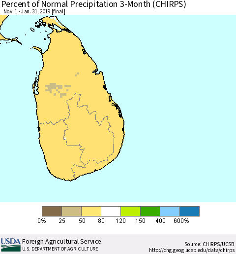 Sri Lanka Percent of Normal Precipitation 3-Month (CHIRPS) Thematic Map For 11/1/2018 - 1/31/2019